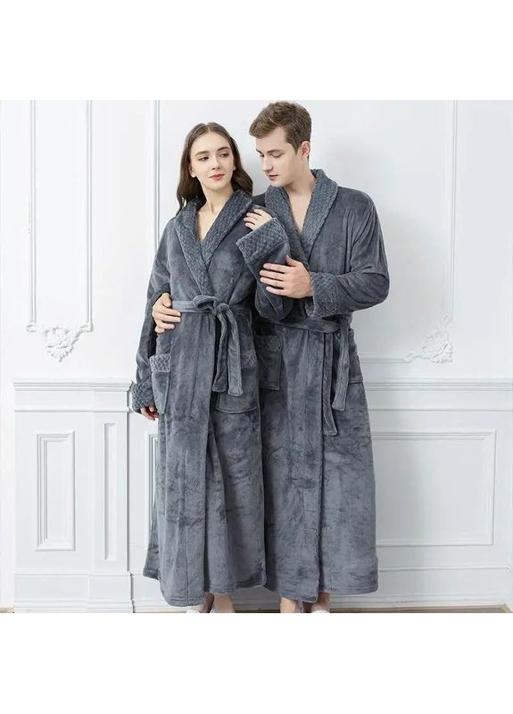 Затишний комфортний домашній халатик унісекс, Банний халат теплий махровий довгий однотонний No Brand Банний халат теплий махровий довгий сірий (360428884)