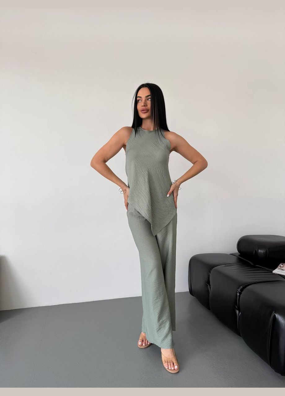 Женский льняной костюм двойка с кофтой и брюками палаццо MonCher (334676375)