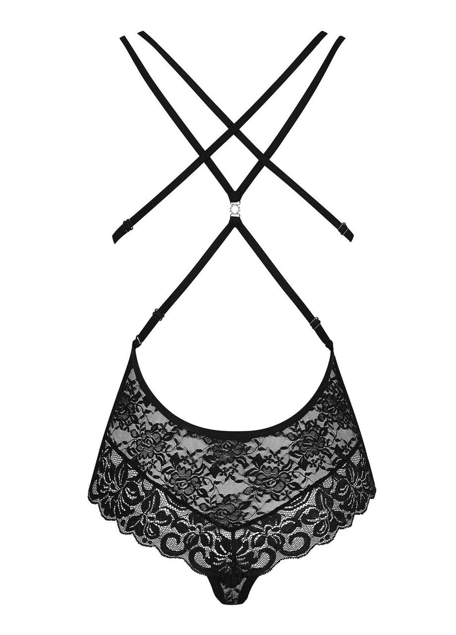 Черный демисезонный боди из полупрозрачной ткани, с узорами из кружева 860-ted-1, черный, s/m Obsessive