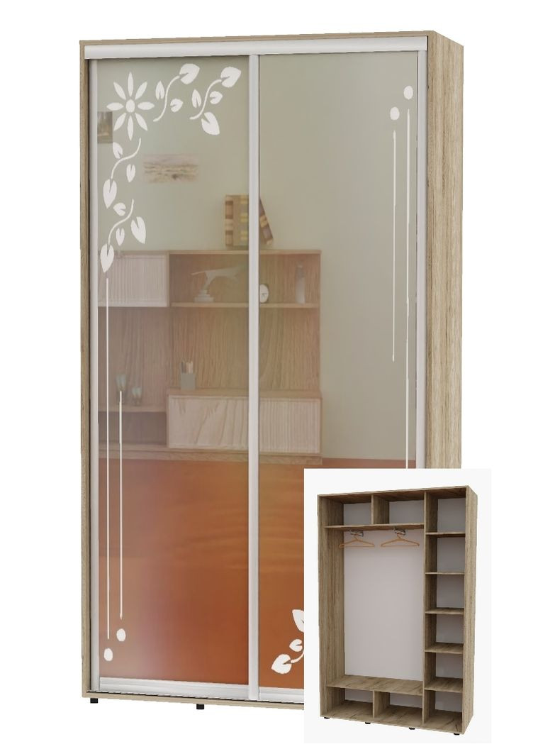 Шафа-купе дводверна 160*45*220 Дуб крафт сірий Дзеркало з піскострумним малюнком Алекса (360441147)