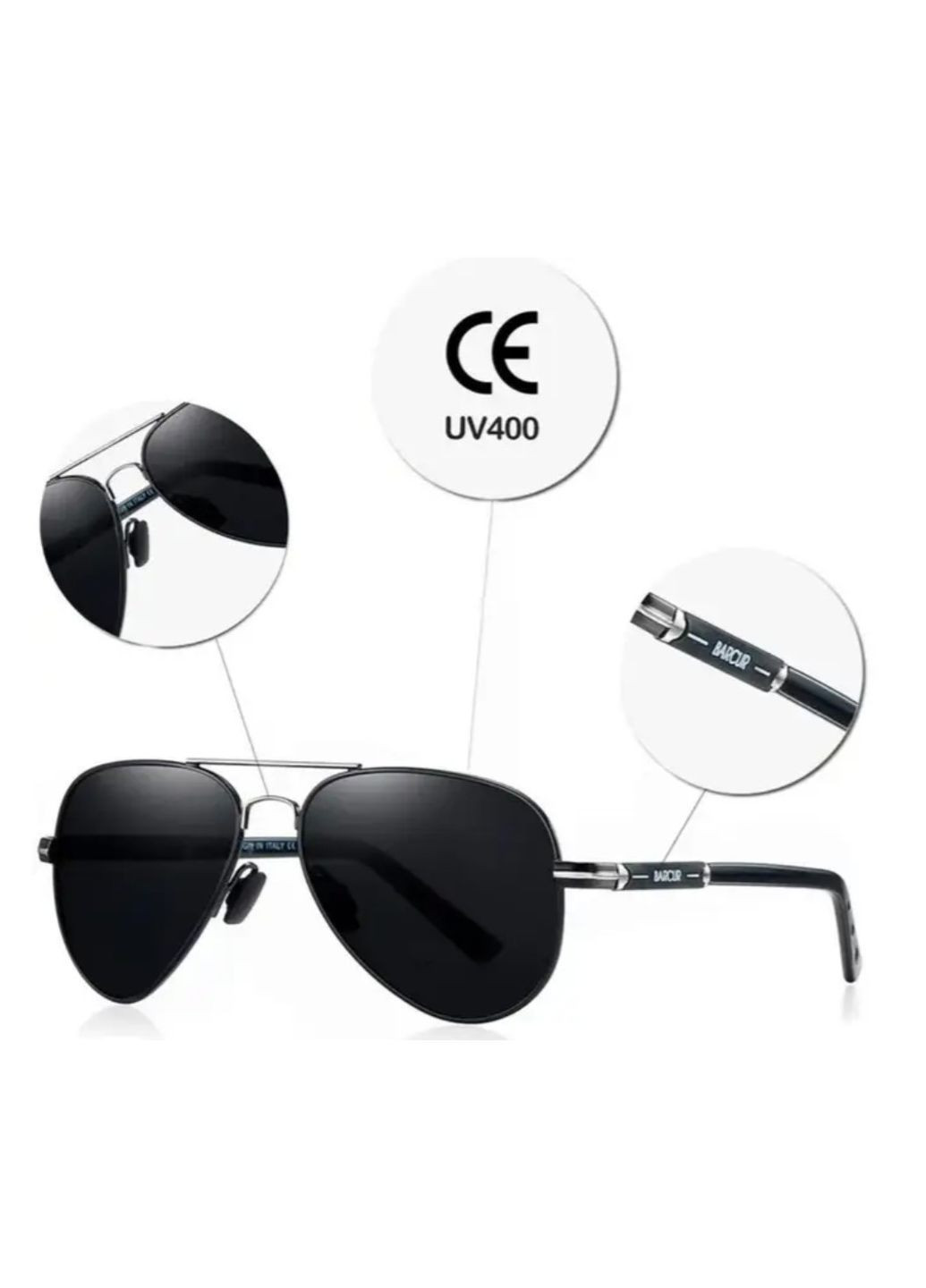 Солнцезащитные очки мужские авиаторы поляризационные UV400 алюминиевая оправа черные линзы серые с чехлом Barcur No Brand (364859660)