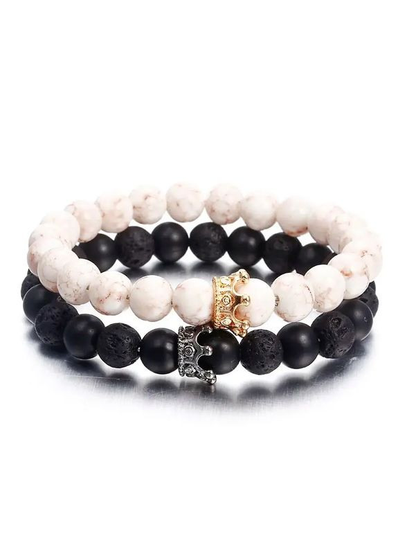 Парні браслети для двох закоханих з шунгіту вулканічного каменю чорний і білий з короною КОРОНА No Brand (343051595)