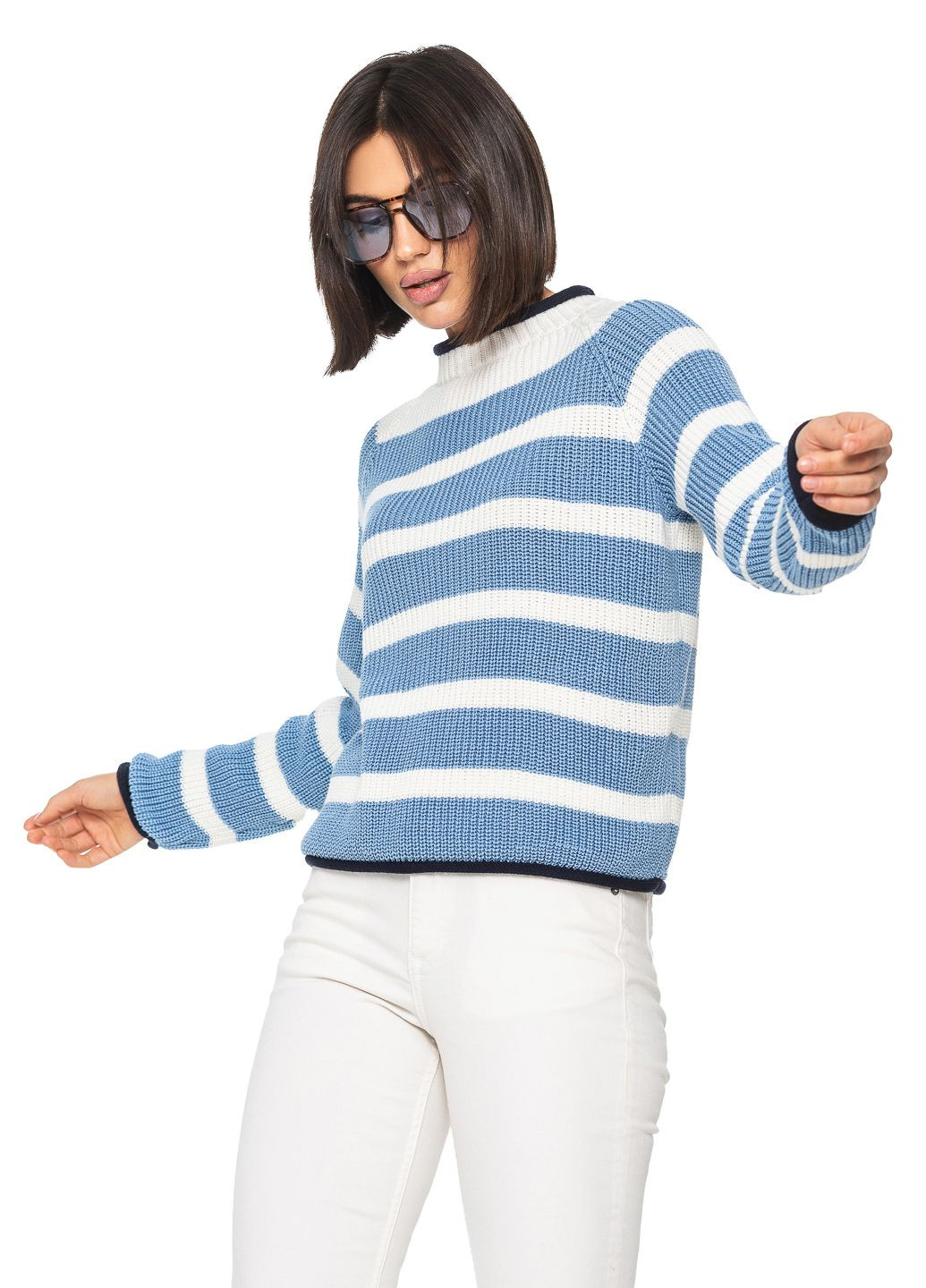 Голубой хлопковый полосатый женский свитер SVTR