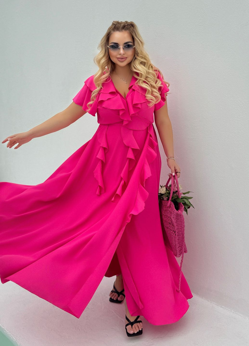 Рожева повсякденний, кежуал сукня літня максі з софту з рюшами на запах No Brand однотонна