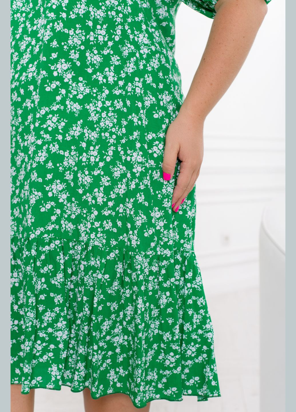 Зеленое повседневный платье с воланом а-силуэт No Brand с цветочным принтом