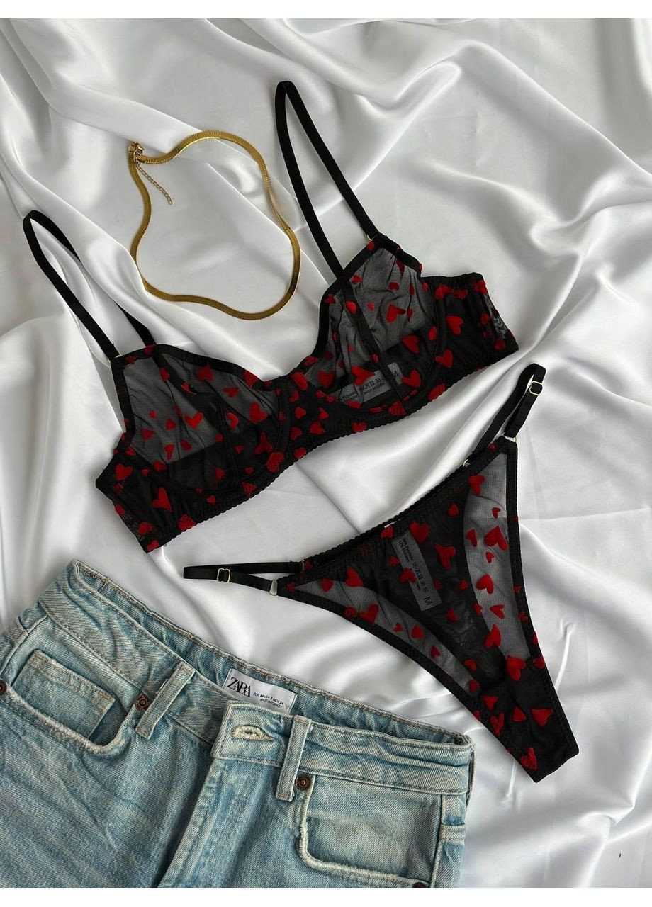 Чорний демісезонний прозорий комплект білизни з червоними сердечками / еротичний комплект бюстгальтер і трусики / романтична жіноча білизна No Brand