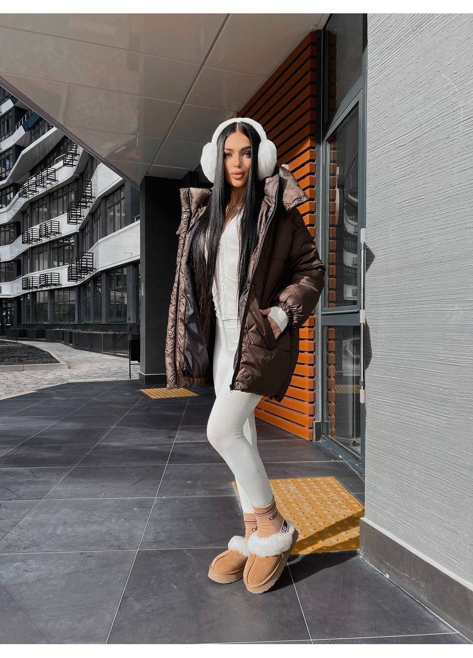 Коричневая зимняя женский зимний пуфер с куличом и внутренними лямками — замеры в описании куртка-пальто DK/DL Мода без кордонів