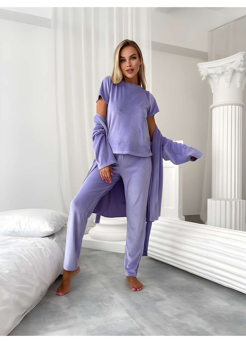 Бузкова зимня жіноча велюрова домашня піжама піжамний комплект трійка зі штанами лавандовий бузковий Україна