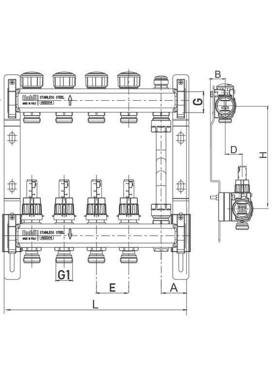 Колектор з витратомірами та термостатичними клапанами з байпасом R814-12 - 1"х 12 вих. (RO0055) Roho (322006935)