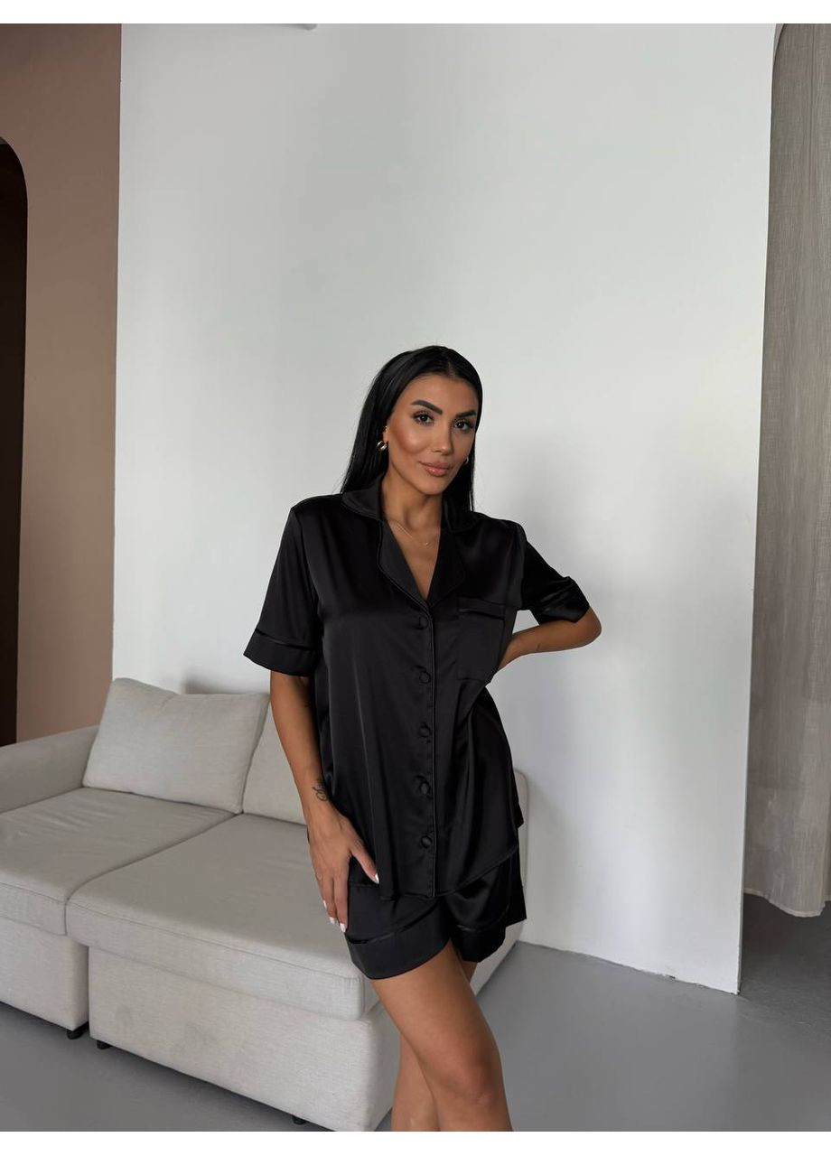 Черная всесезон женская пижама | чёрная рубашка + шорты Vital-Textile 1003/Т8
