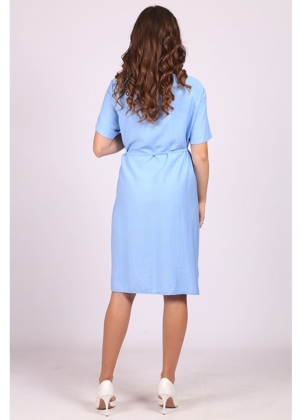 Голубое кэжуал платье летнее женское 034 лен жатка голубое Актуаль