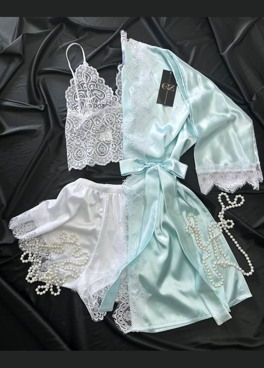 М'ятна всесезон домашній комплект (мереживний топ + шорти + халат) топ + шорти Ghazel