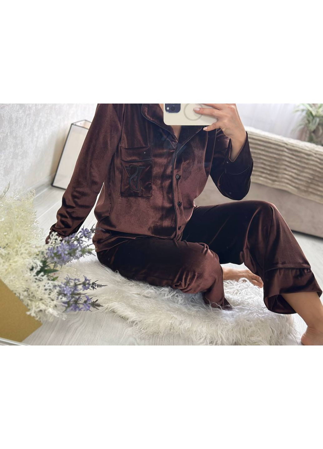 Темно-коричневая всесезон женская бархатная пижама рубашка + брюки Avanti