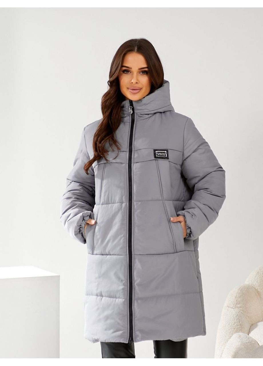Сіра зимня жіноча стьобана куртка з капюшоном і утеплювачем холофайбер Україна