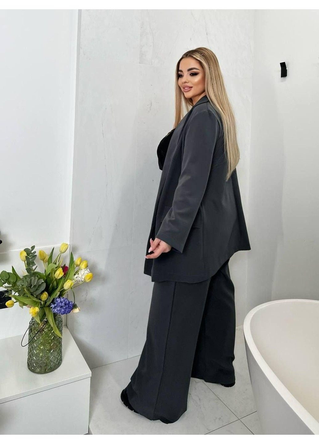 Костюм деловой, двойка, из крепа, Мод БРК-1704, графит, размер 56-58 No Brand (355469647)