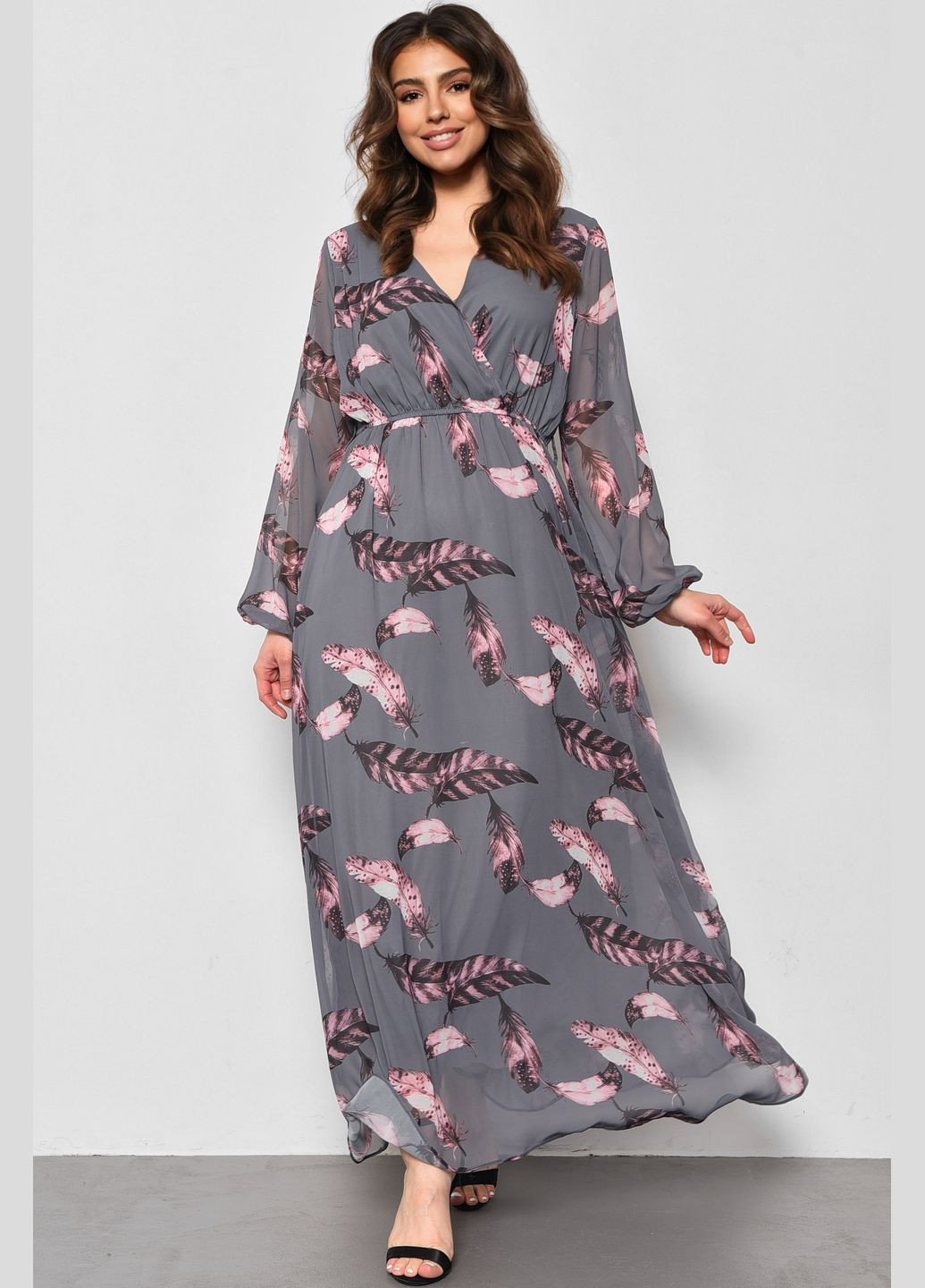 Серое кэжуал платье женское шифоновое серого цвета с принтом баллон Let's Shop с рисунком