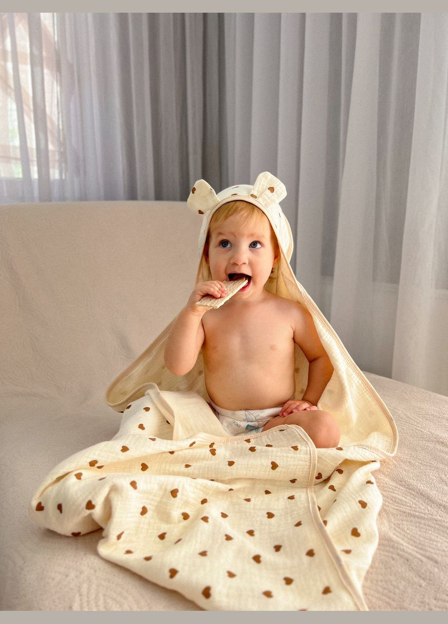 Полотенце с капюшоном (уголком) муслин 85*90 сердце No Brand бежевый