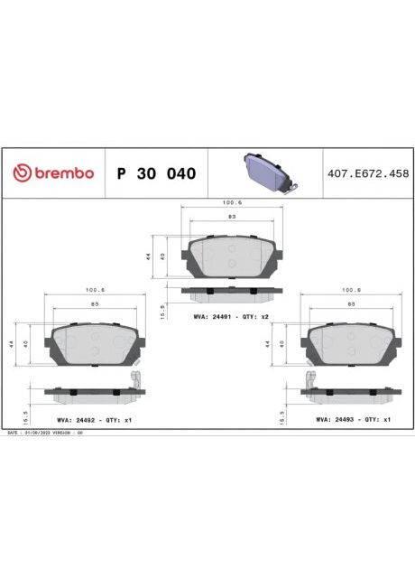 Колодки тормозные дисковые (комплект 4 шт) ЗАДН KIA CARENS III 2.0 CRDI, 2.0 CVVT 09/06-- P30040 Brembo (361942741)