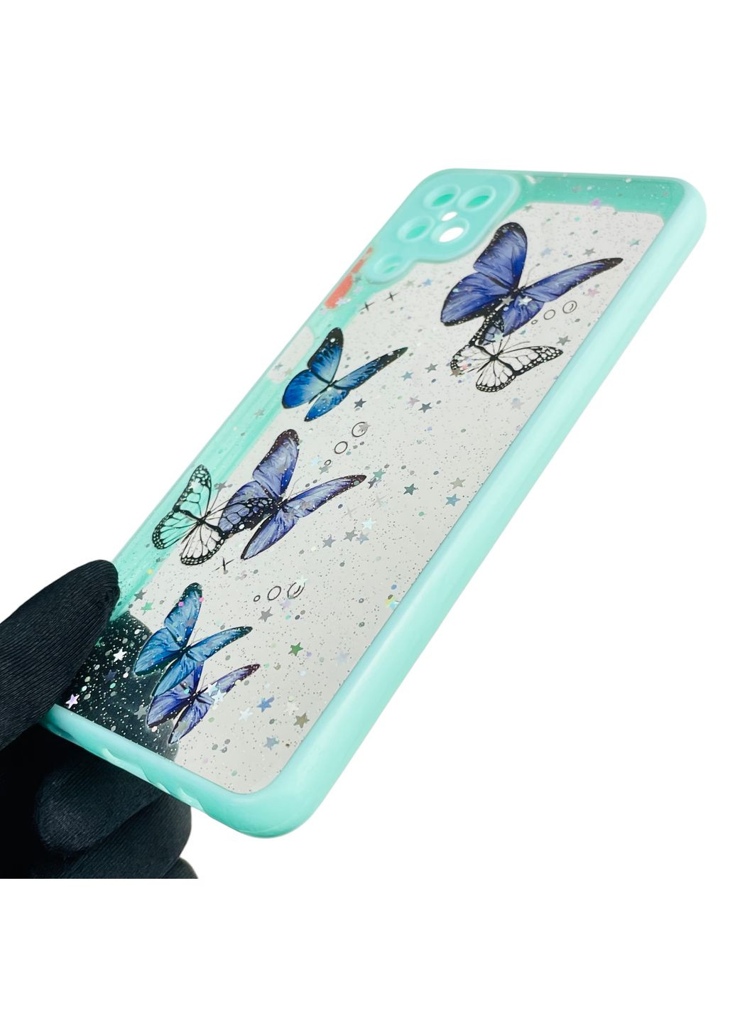Чехол для Galaxy M12 (SM-M127F) с блёстками с бабочками на самсунг м12 бирюзовый Samsung (366390251)