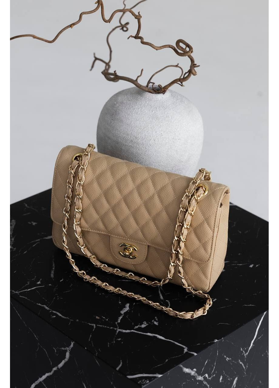 Шкіряна жіноча сумка класична Chanel Classic 2.55 Medium Double Flap in Beige/Gold бежева No Brand (369653491)