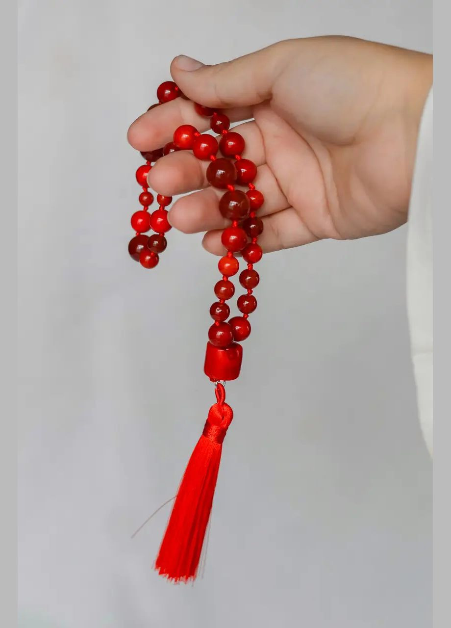 Чётки из натурального камня Коралл + Сердолик 33 бусины d-12х10х6мм цвет кисти Красный No Brand чотки (301910865)