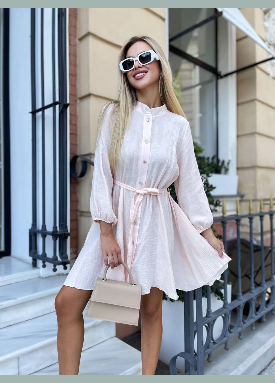 Светло-розовое повседневный, коктейльное, пляжное, кэжуал легкое платье из натурального муслина Vakko однотонное