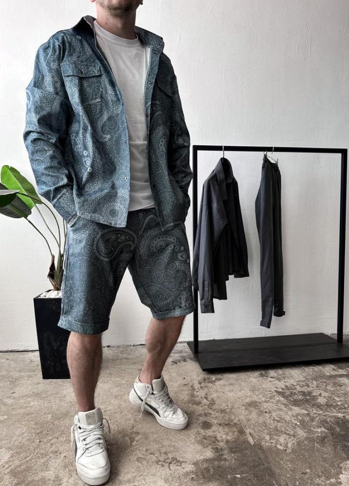 Синій демісезонний синій стильний чоловічий літній костюм-двійка з модним дизайном No Brand