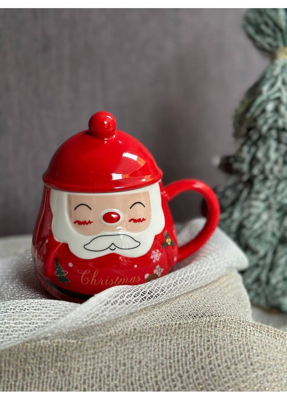 Новорічна кружка керамічна Різдвяний помпон з кришкою 350 мл Червоний Olens (363831126)