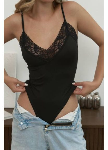 Базове боді жіноче на бретельках, з мереживом, чорне, р. (арт. 017GB) No Brand (369936815)