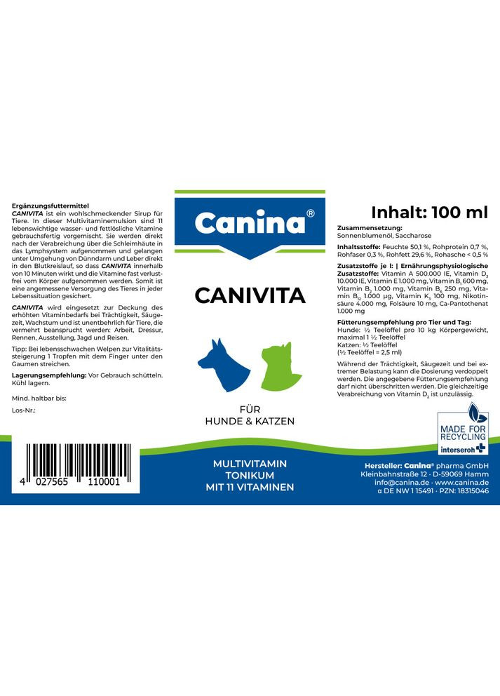 Вітамінний комплекс Canivita для котів та собак універсальний зі швидким ефектом тонік 100 мл Canina (355254344)