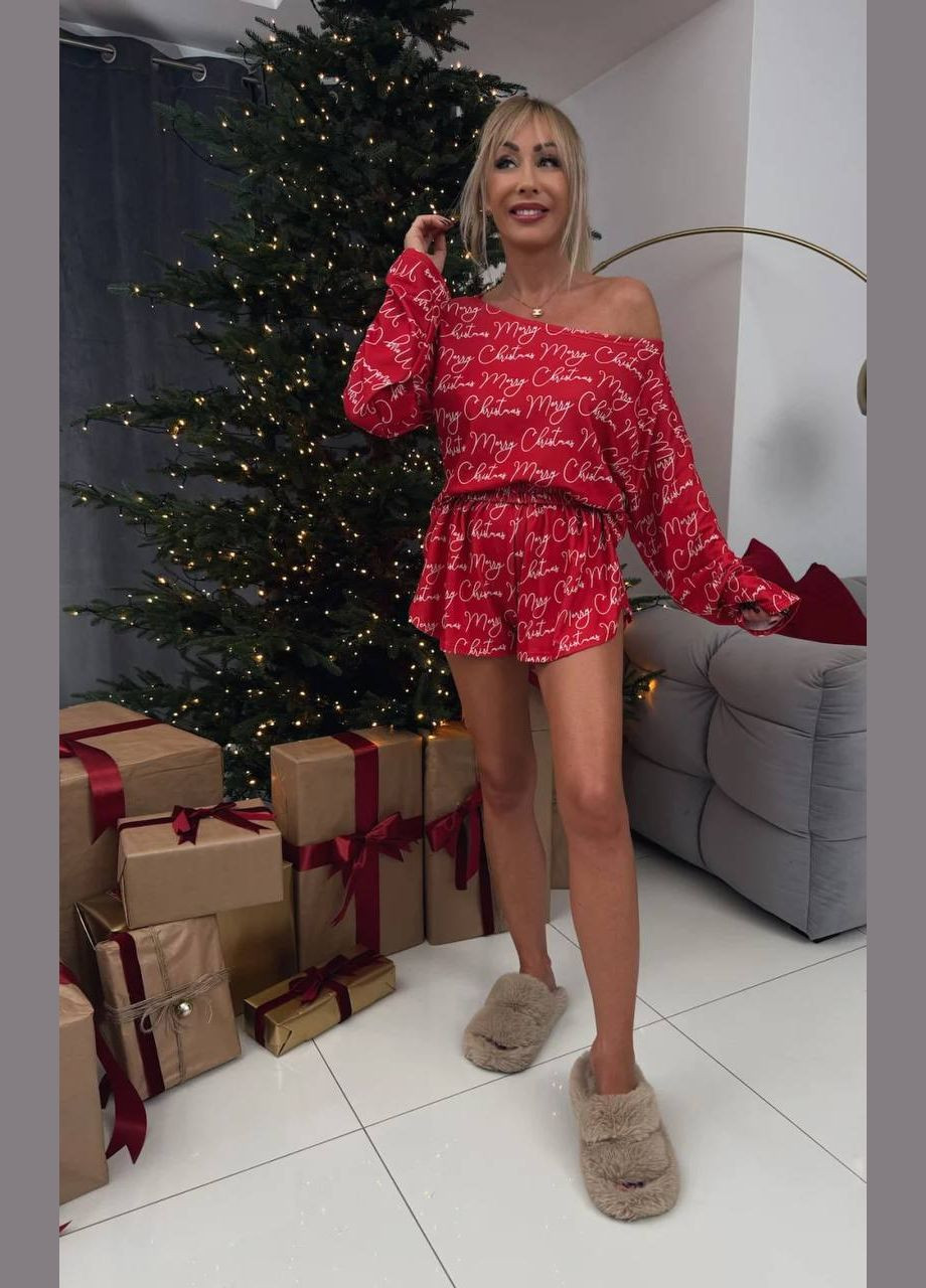 Червона всесезон красива червона новорічна піжамка трійка (кофта+штани+шорти) ідеальна як на подарунок, так і собі, святкова піжама No Brand 197