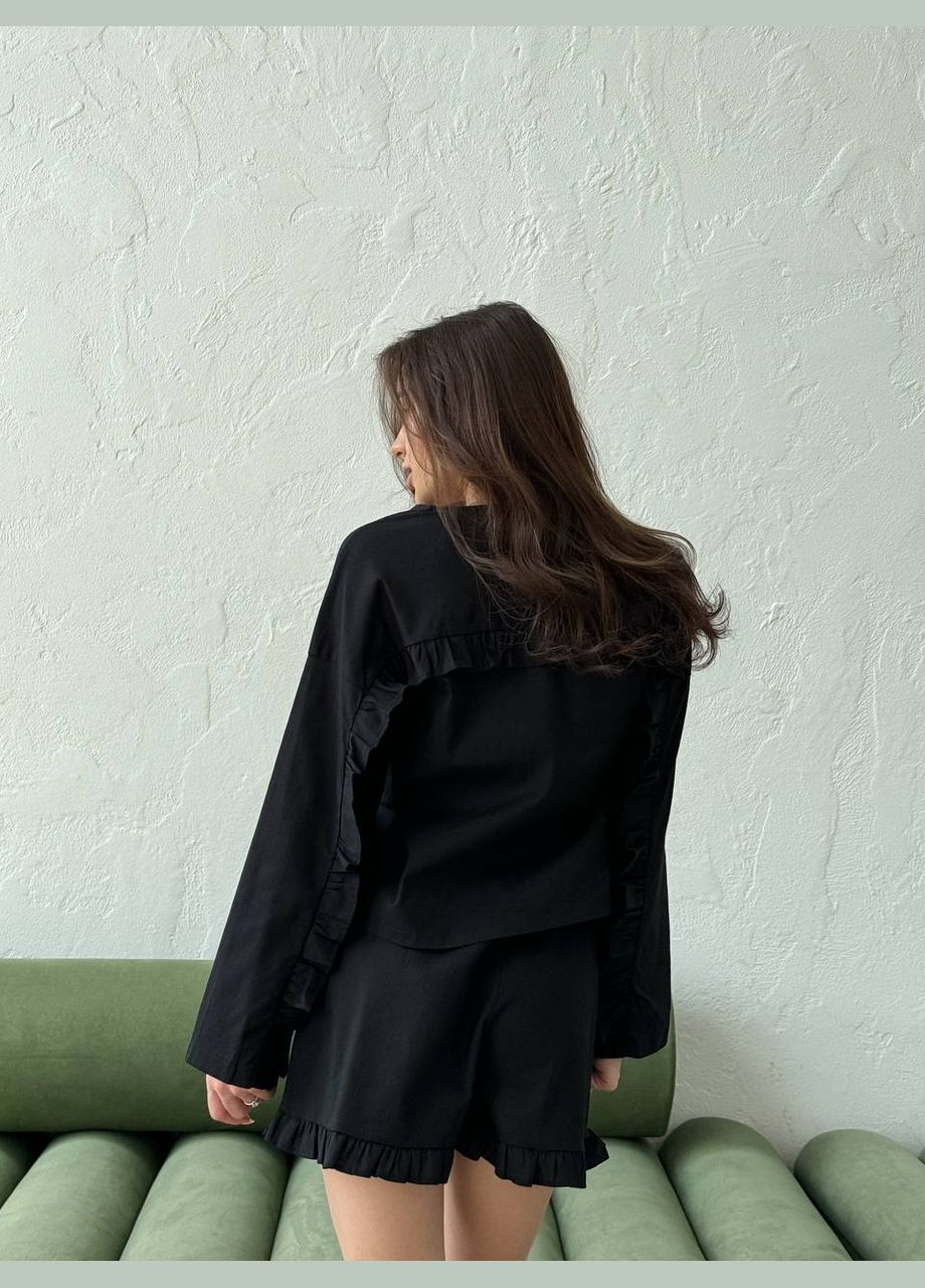 Приятный к телу чорный костюм двойка (рубашка+шорты) из качественного льна, летний костюм с идеальной посадкой No Brand 605-2 (296139175)