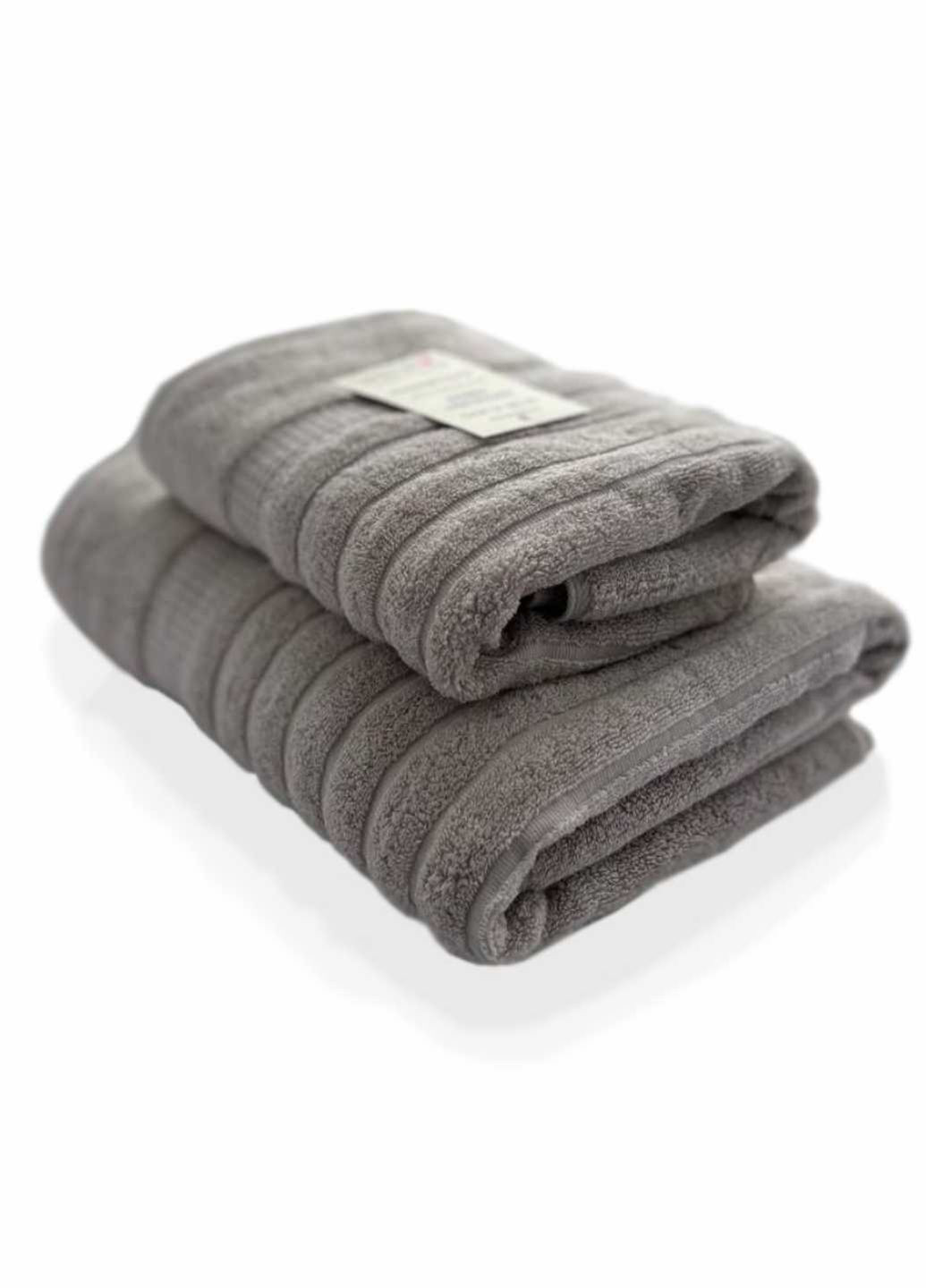 Набір 2 жакардові рушники для ванної, 70 х 140 см и 50 × 90 см Oxford Stripe бежево - сірий (351124) Lovely Svi однотонний сіро-бежевий