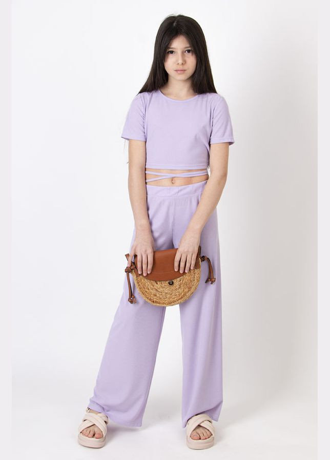 Бузковий літній комплект для дівчинки топ та палаццо в рубчик Mevis