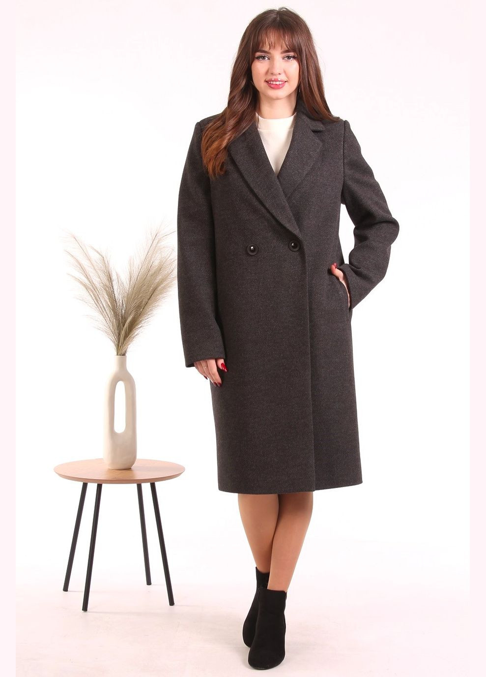 Графітове демісезонне Пальто жіноча 009 діагональ костюмна тканина графітовий Актуаль