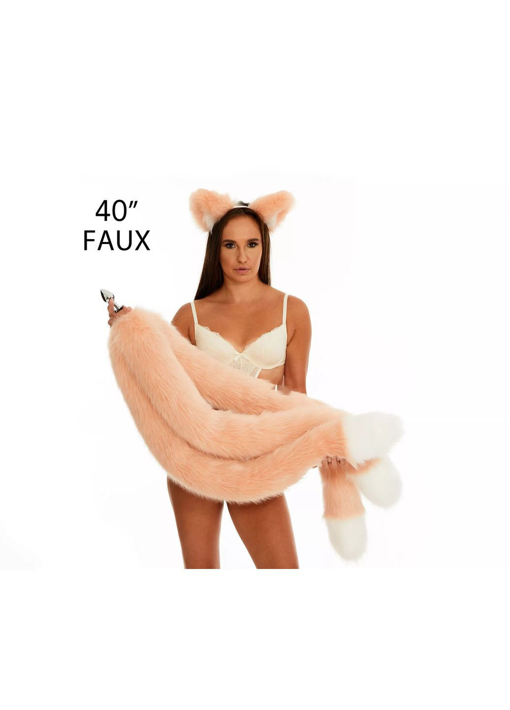 Анальний потрійний хутряний хвіст без пробки, Персиковий з білим кінчиком, 100 см. OKOVA (315148821)