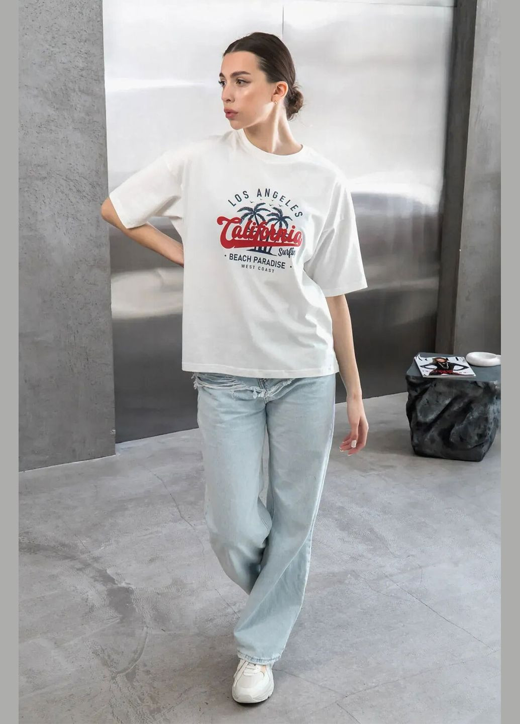 Футболка жіноча з бавовни з принтом CALIFORNIA Біла Teamv - (337115756)