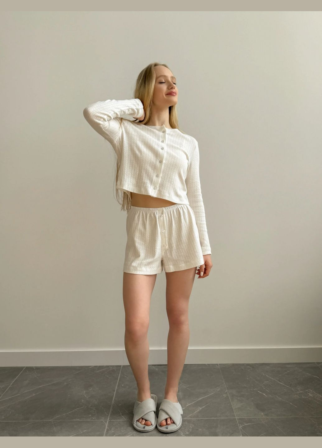Белая всесезон женская пижама трикотаж ажурный белый (лонгслив и шорты) ( одежда для дома, пижама женская белая, одежда для сна) Twins