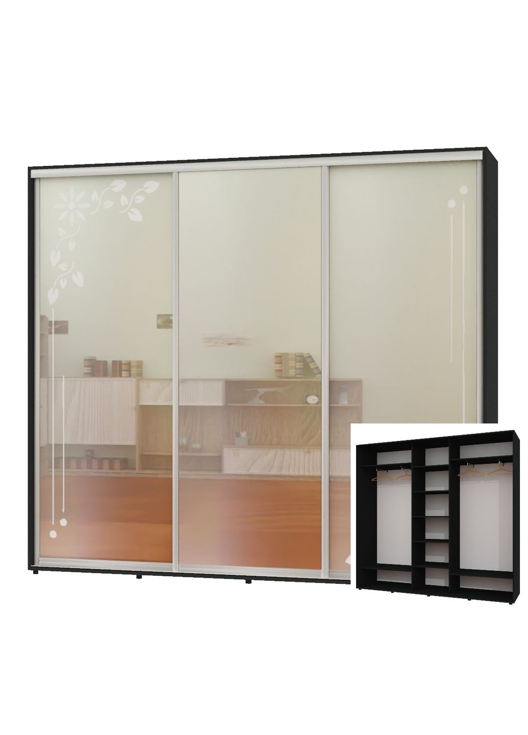 Шкаф-купе трехдверный 270*45*220 Антрацит 2 Зеркала с пескоструйным рисунком/Зеркало ШК-04 Алекса (360479453)