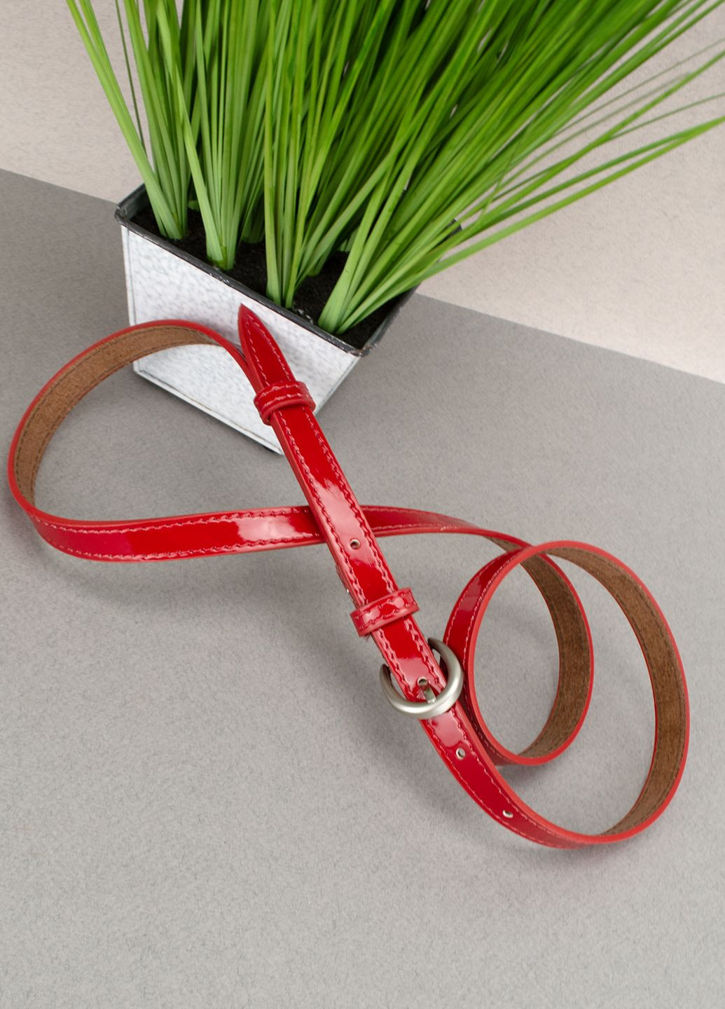 Ремень кожаный женский PS-1570 (125 см) красный лаковый узкий Puos (361639622)