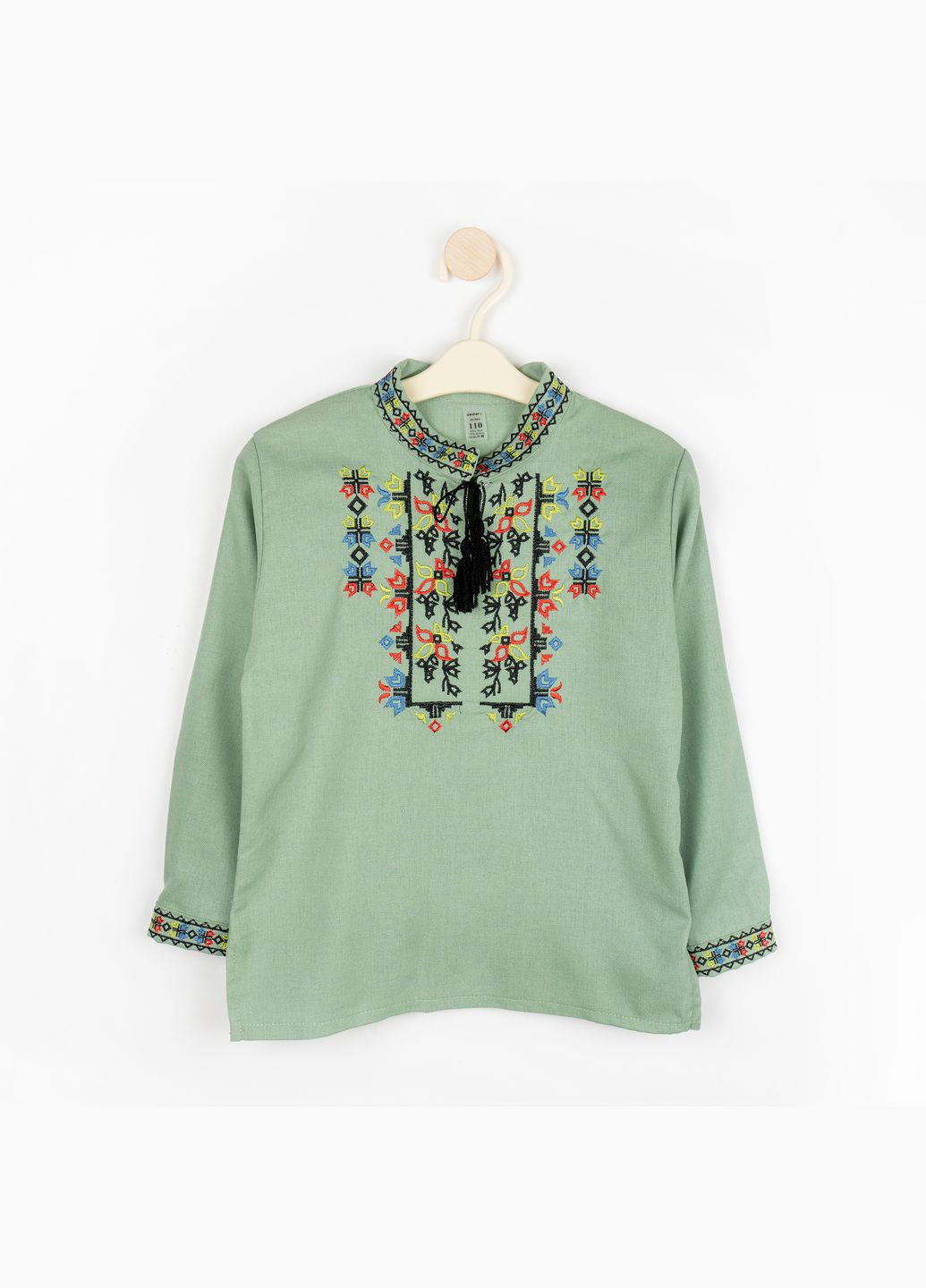 Хакі (оливкова) демісезонна вишиванка для хлопчика з довгим рукавом квітковий орнамент dexter's