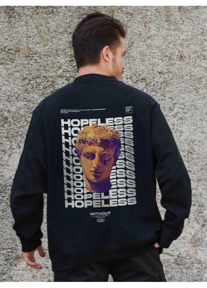 Черный утепленный оверсайз свитшот на флисе с принтом hopeless black Without (362357873)