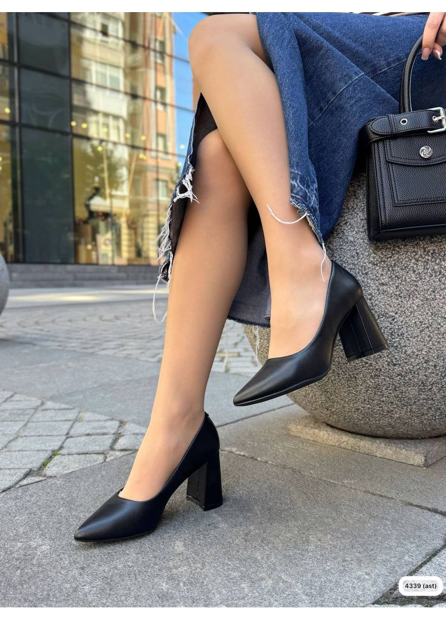 No Brand Жіночі стильні натуральні шкіряні туфлі на стійких підборах колір чорний туфлі-човники чорний з натуральна шкіра, — демісезон (360544711)