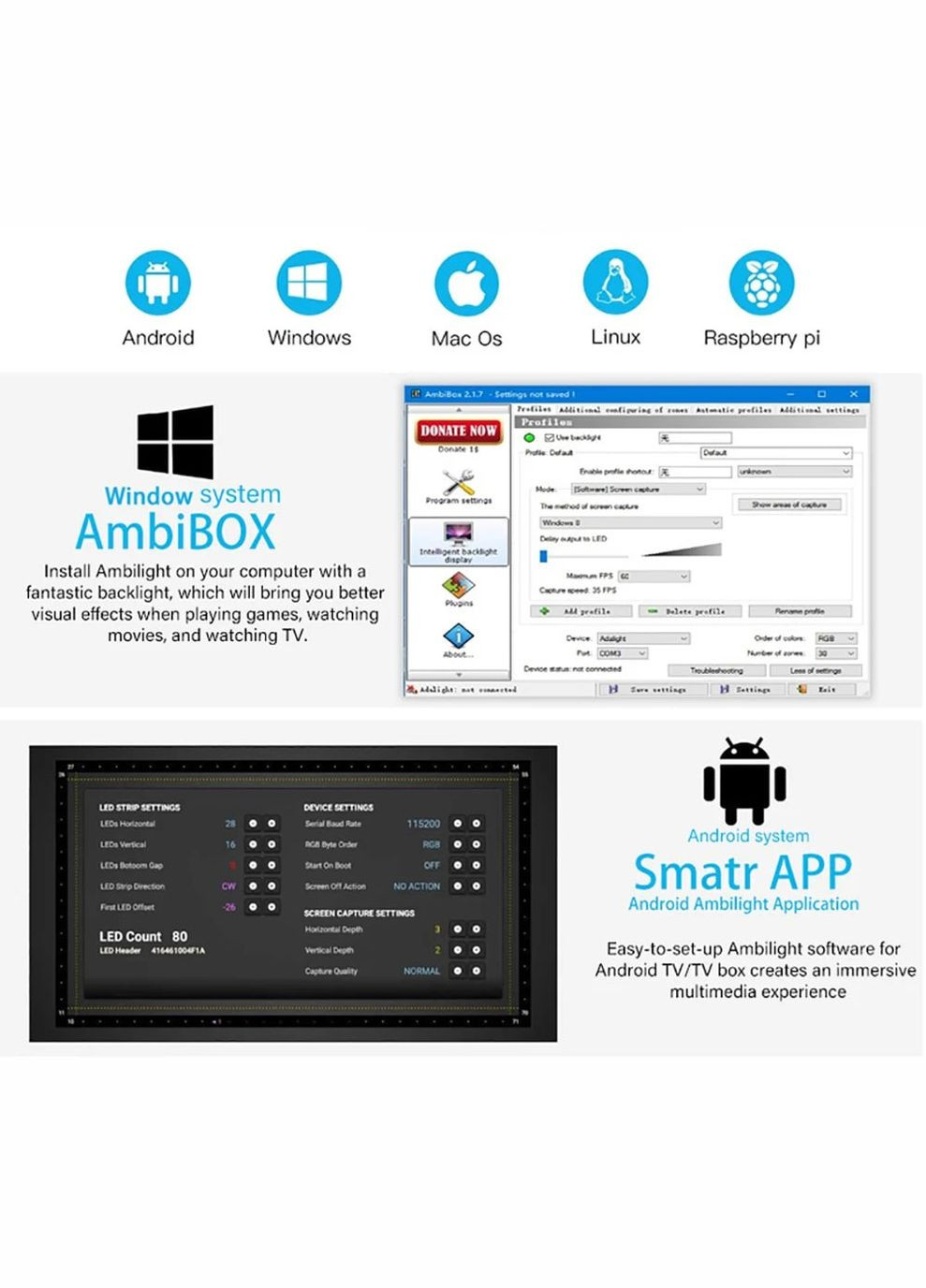 Розумна підсвітка монітора 60 ламп/метр, 3,5 метра для ПК і Android-TV, Adalight Dream, Ambibox Led Ambilight (327368327)