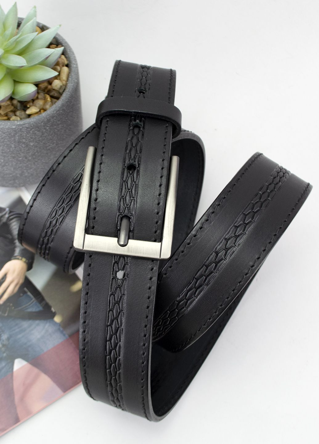 Ремень мужской кожаный батал SF-351 XXL (145 см) черный под брюки и джинсы SFIP (328198291)