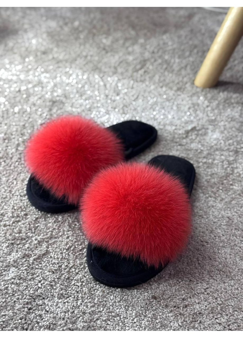 Черные тапочки женские для ламината с натуральным мехом паркетные тапочки белста тапочки с песцом шлепки с мехом чорний, 38-39 No Brand