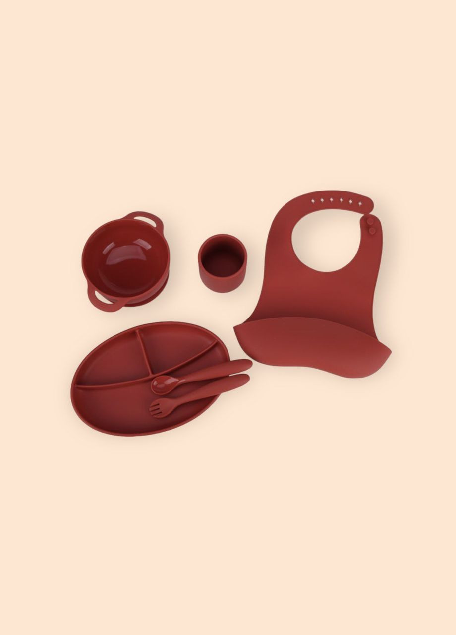 Набор детской силиконовой посуды для прикорма 6 предметов поильник, тарелка, чаша бордовый, безопасный силикон, BPA Free oldbro (330251229)