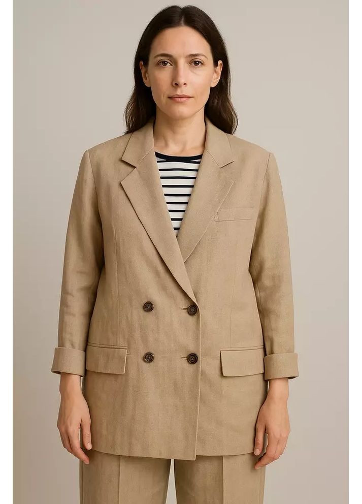 Бежевый женский женский льняной бежевый жакет двубортный с разрезом на спинке mkks90091-8 KAPTSOVA -