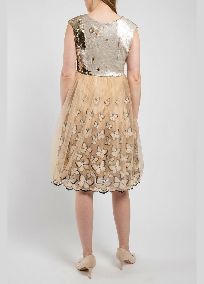 Бежева сукня жіноча святкова за коліно з паєтками і фатіном бежева mkksd8011 Modna KAZKA