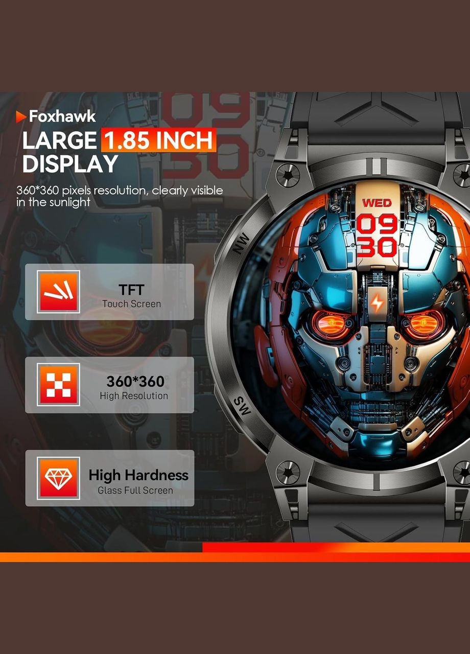 Смарт-годинник для чоловіків KC89 1.85” з LED-ліхтариком, військовий тактичний HD дисплей, дзвінки iOS Android No Brand (323147802)